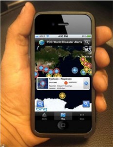 a picture of a hand holding an iphone with the screen displaying the Disaster Alert in the PDC app. 